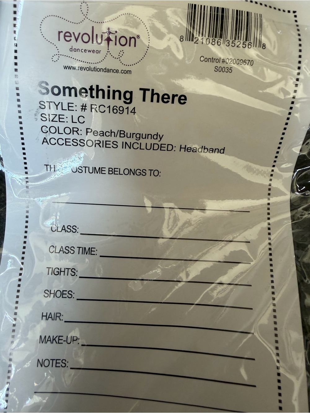 Label showing costume details